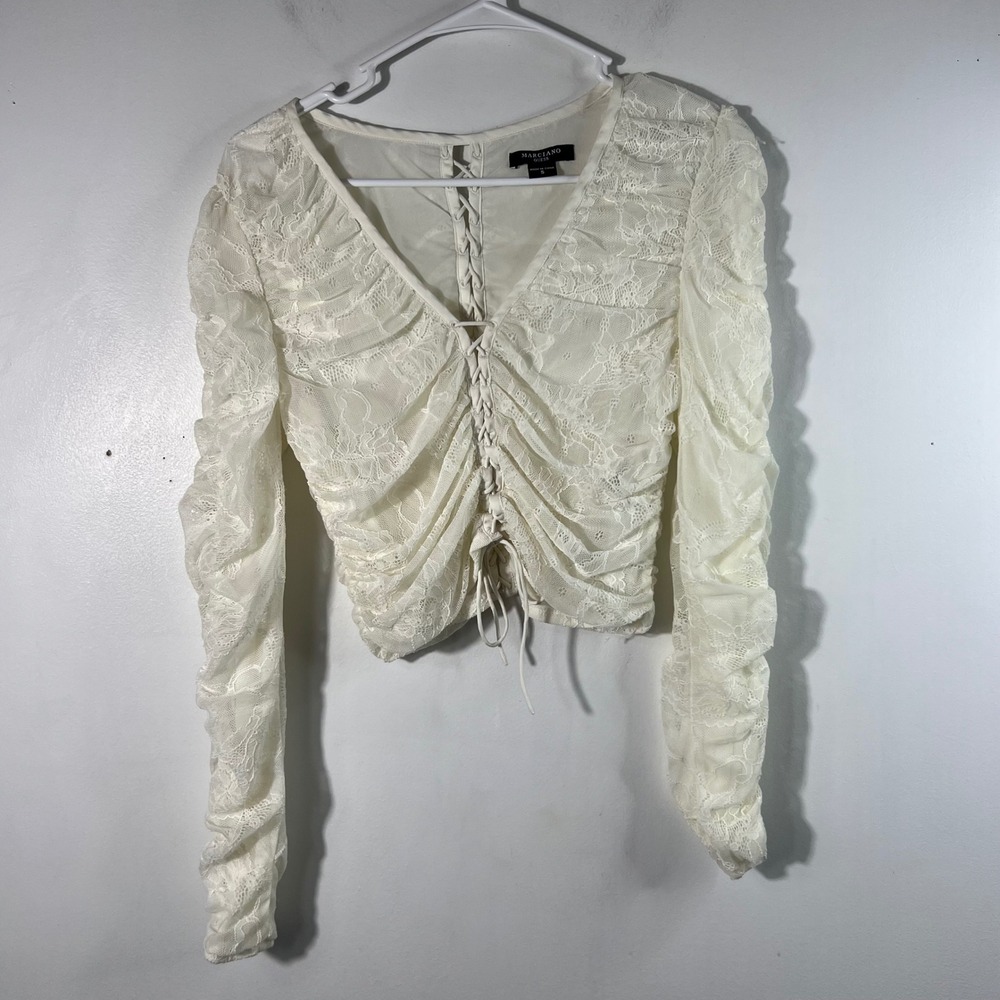 Womens Marciano Guess Lace Ruched Corset Tie‎ Top Long Sleeve Off White S
